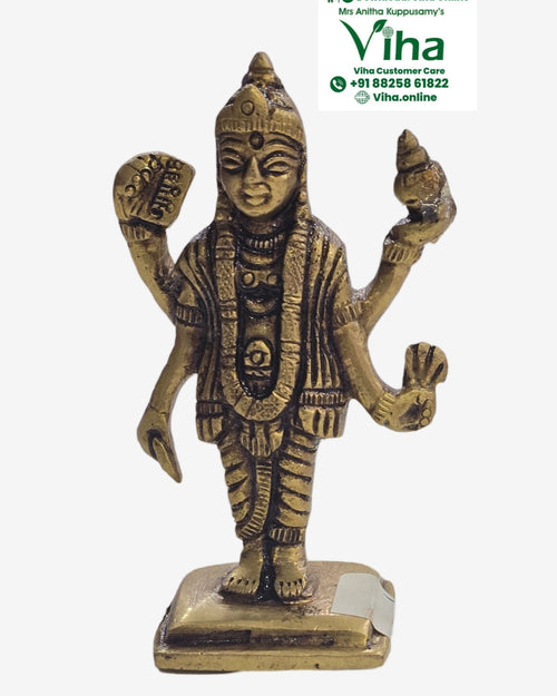 Dhanvantri in brass, four-armed figure standing on a rectangular base holding an item in each hand