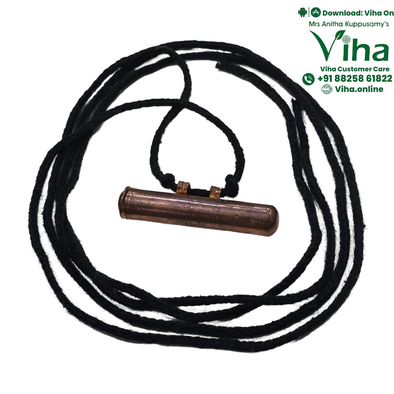 Mustard Seeds Talisman Hip Thread, a copper-toned pendant with two top loops hanging on a tangled black thread