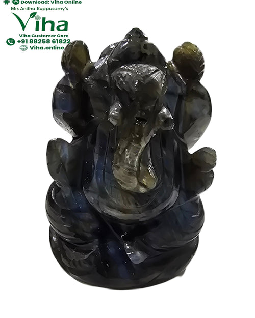 Labradorite Ganesha, with a curved trunk and large ears