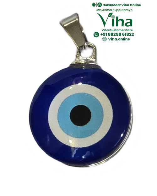 Evil Eye Pendant - White Metal with circular blue glass pendant and concentric rings