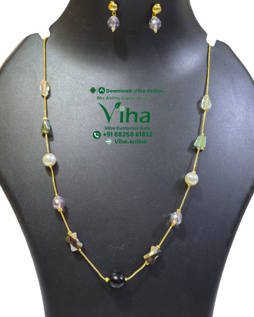 Stylish Crystal & Beads Chain Set, long chain with beads and matching earrings