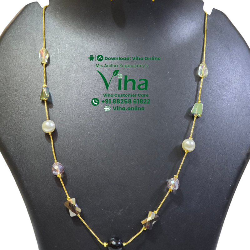 Stylish Crystal & Beads Chain Set, long chain with beads and matching earrings