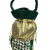 Designer Potli, a green drawstring pouch with a gold-toned upper section, a gathered handle, and a sequin-embellished green lower body