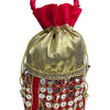 Designer Potli, a red and golden drawstring pouch with a handle, decorated with rows of round silver-toned mirrored discs and a patterned trim