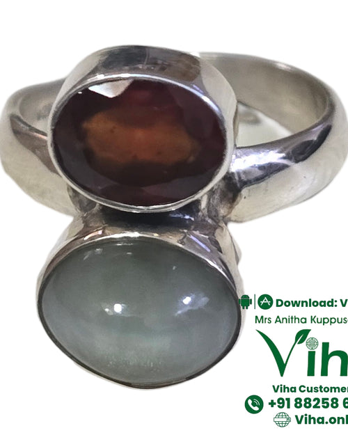 Catseye + Gomedha Stone Silver Ring, circular band with two stacked oval settings