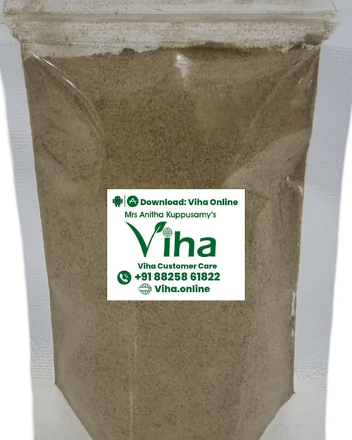 Coriander Leaf Powder, a sealed, transparent plastic pouch filled with brownish-grey powder featuring a white square label centrally affixed