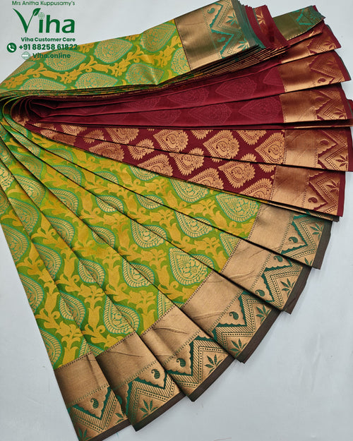 Semi Silk Saree, a fan-spread stack of ten patterned green, yellow, and maroon fabrics featuring shiny gold-toned borders and paisley motifs
