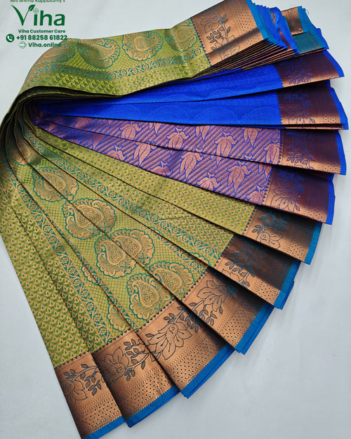 Semi Silk Saree, ten pleated fabric pieces featuring green and blue sections with metallic-toned woven floral patterns and borders arranged in a fan shape