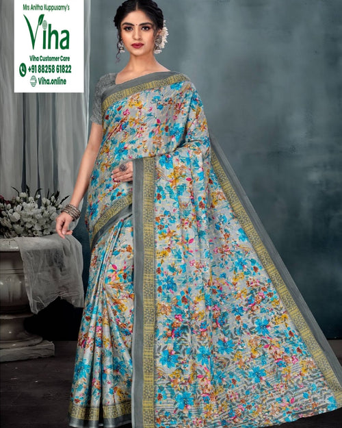 Pure Soft Printed Cotton Saree with Blouse, with a floral print and contrasting border