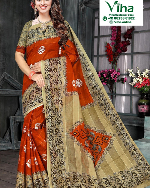 Super Net Cotton Saree With Blouse, floral block print patterns and contrasting border