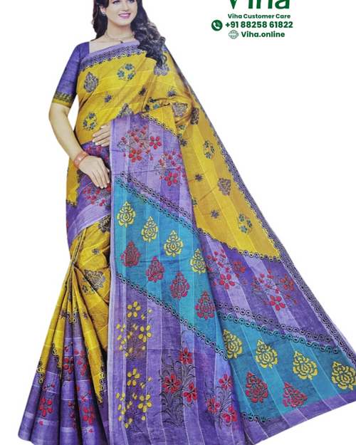 Super Net Cotton Saree With Blouse, floral block print patterns and striped border