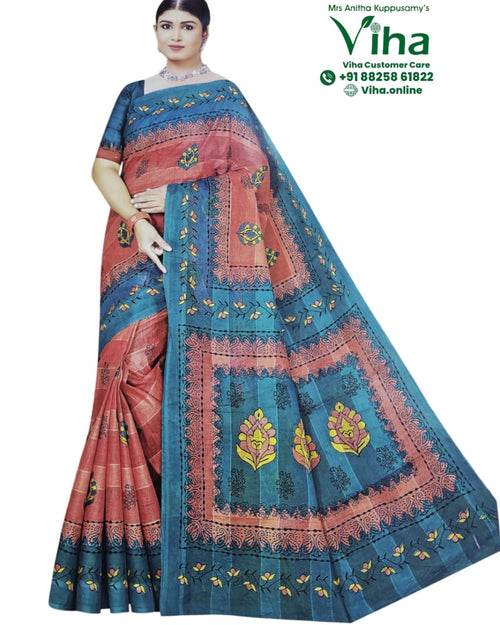 Super Net Cotton Saree With Blouse, floral block print patterns and bordered edges
