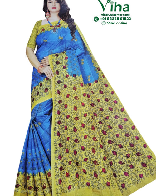 Super Net Cotton Saree With Blouse, blue and yellow with floral pattern and contrasting border