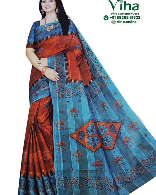 Super Net Cotton Saree With Blouse, blue and rust orange with floral block print patterns and striped sections