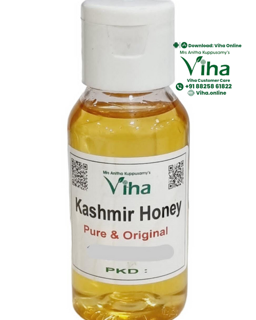 Kashmir Honey with amber liquid in a clear bottle