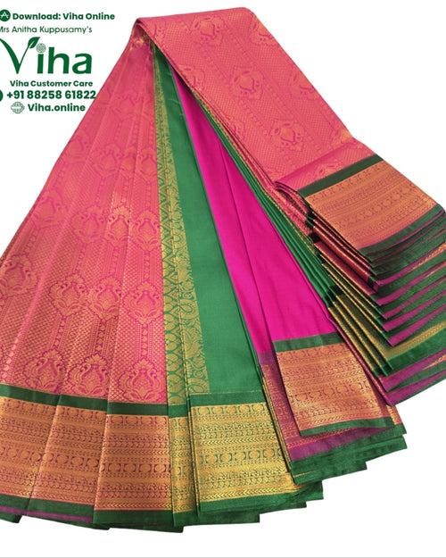 Semi Silk Saree with Contrast Grand Pallu & Blouse, wide decorative borders and pleated arrangement
