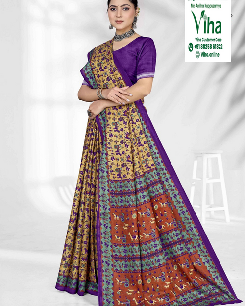 100% Pure Cotton Saree With Blouse in purple, yellow, teal and terracotta with animal and geometric patterns