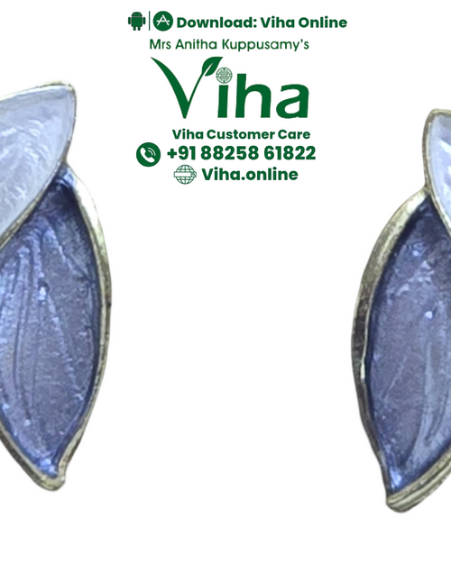 Trendy Leaf Stud, two asymmetric leaf-shaped earrings featuring textured white and greyish-purple enamelled sections with metallic gold-toned borders