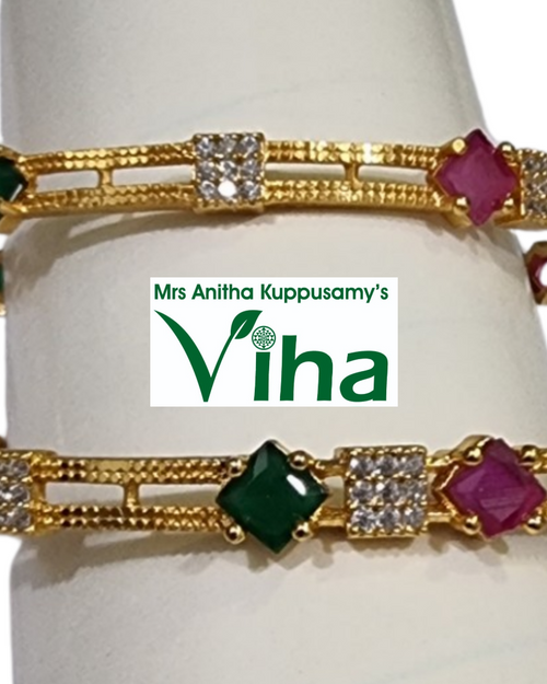 Impon Bangles with dual parallel bands and alternating green stones