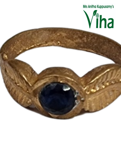 Impon Ring, dark blue stone and leaf side details