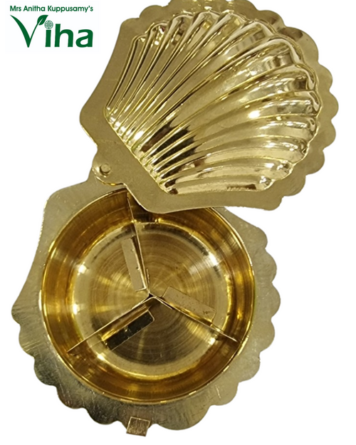 Kumkum Box Shell Shape, brass lidded container with scalloped outer edge on lid