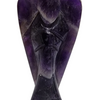 Amethyst Angel, a polished purple carved winged figure featuring mottled white patterns, two upright wings and a flared base