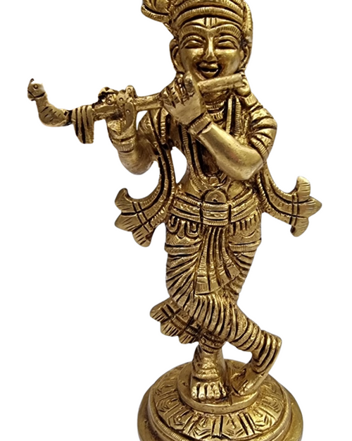 Flute Krishna in brass, standing figure playing a flute with a crown, on a round lotus base