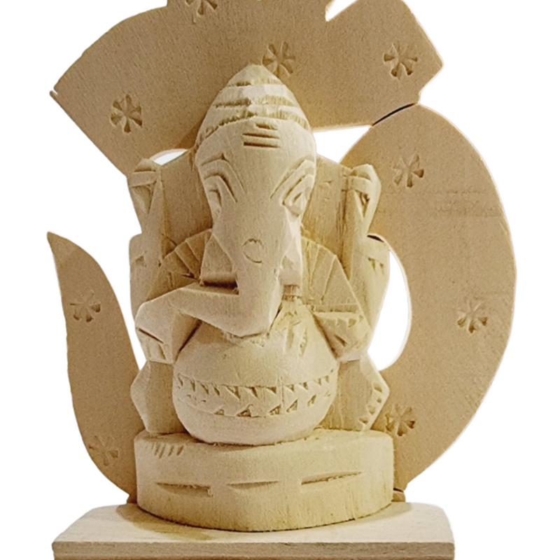 Vellerukku Vinayagar / Shwetark, a light-tan wooden carving featuring a seated figure before a symbol etched with eleven star motifs