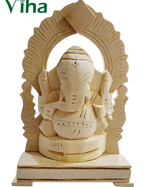 Vellerukku Vinayagar, beige wooden-textured carved figure sculpture on base