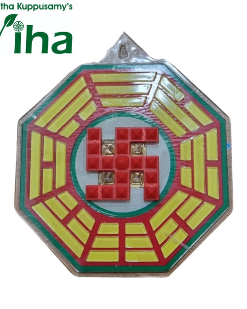 Vastu BA-GUA Swastik Pyramid Yantra for Outside, an octagonal red, yellow and green plaque with a central red swastika motif and a hanging loop