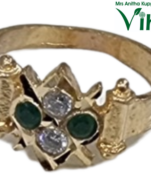 Impon Ring, ornate central setting with two green stones and two white stones