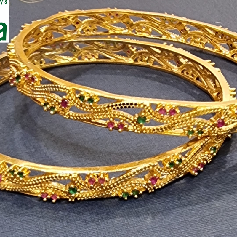 Impon Bangles with cut-out pattern and red and green stones