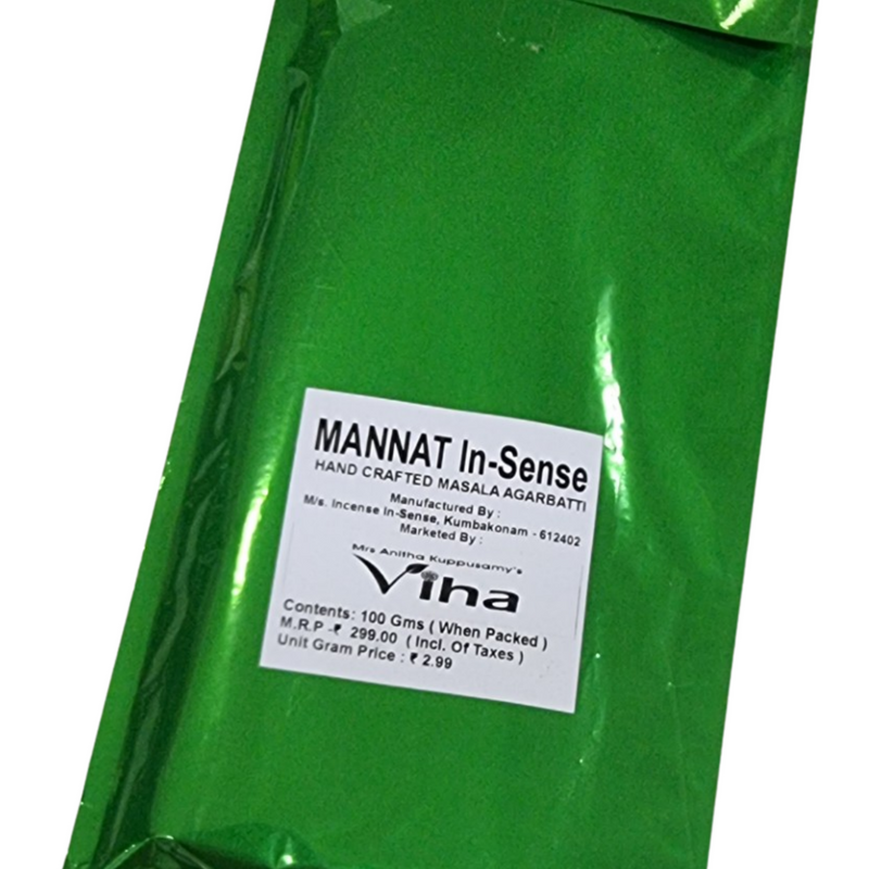 Mannat Incense Sticks, a green foil pouch labelled Mannat In-Sense