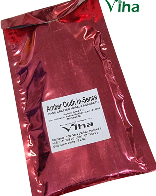 Amber Outh Incense Sticks, a red foil pouch labelled Amber Oudh In-Sense