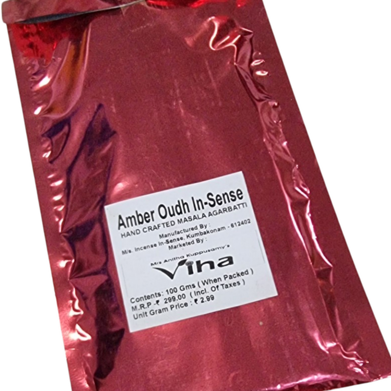 Amber Outh Incense Sticks, a red foil pouch labelled Amber Oudh In-Sense