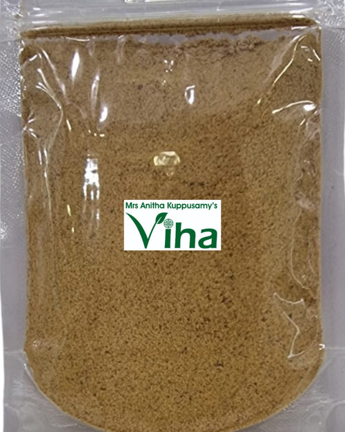 Avarampoo Idli Powder in a transparent plastic pouch
