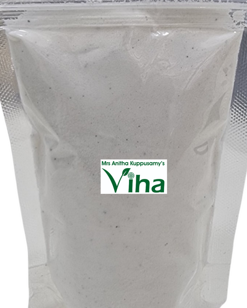 Coconut Milk Powder, a pouch of off-white fine powder with black specs inside a glossy transparent plastic bag with a ziplock top