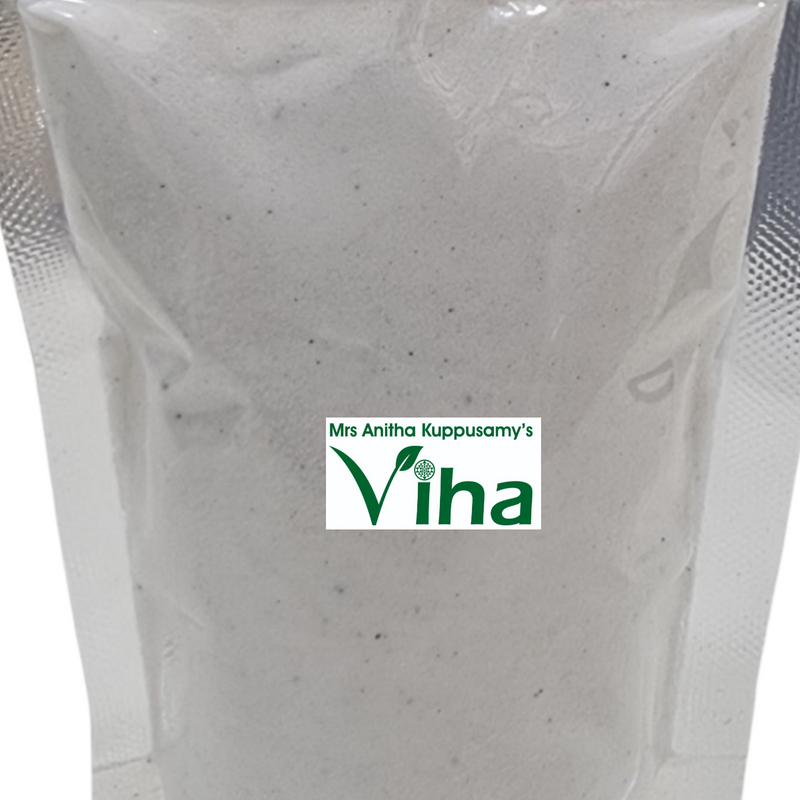 Coconut Milk Powder, a pouch of off-white fine powder with black specs inside a glossy transparent plastic bag with a ziplock top