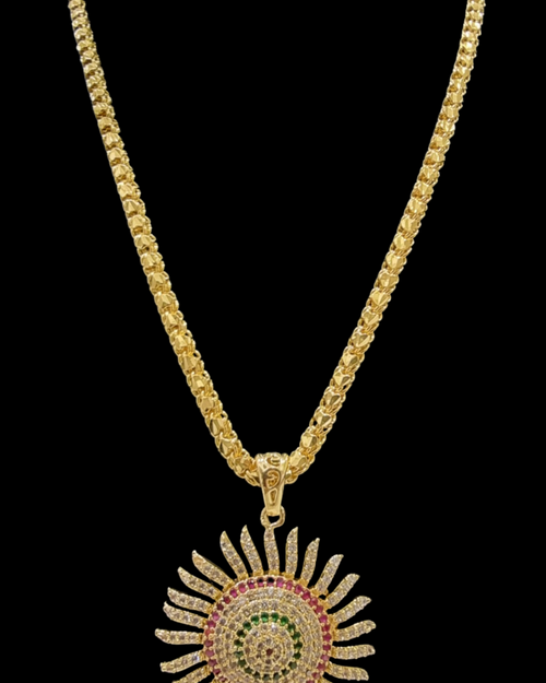 Impon Pendant Chain, textured chain link design with a sunburst pendant