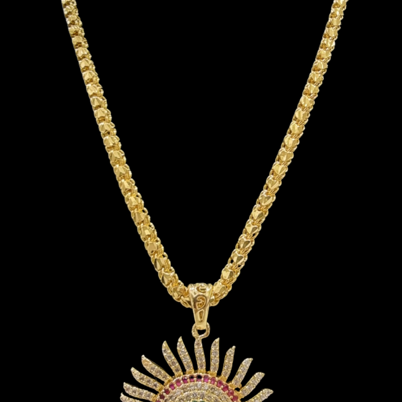 Impon Pendant Chain, textured chain link design with a sunburst pendant