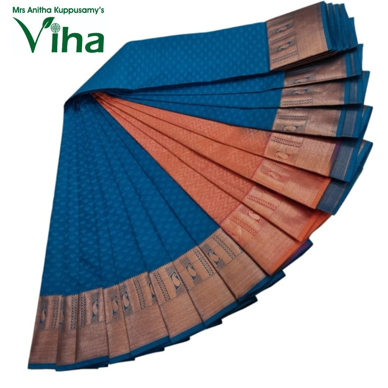 Soft Semi Silk Saree with Blouse, blue and copper orange woven pattern