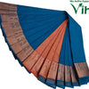 Soft Semi Silk Saree with Blouse, a folded blue fabric with orange sections and a shiny brown-toned patterned border