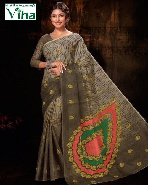 Cotton Saree Printed With Blouse, grey, small yellow motifs distributed across the fabric