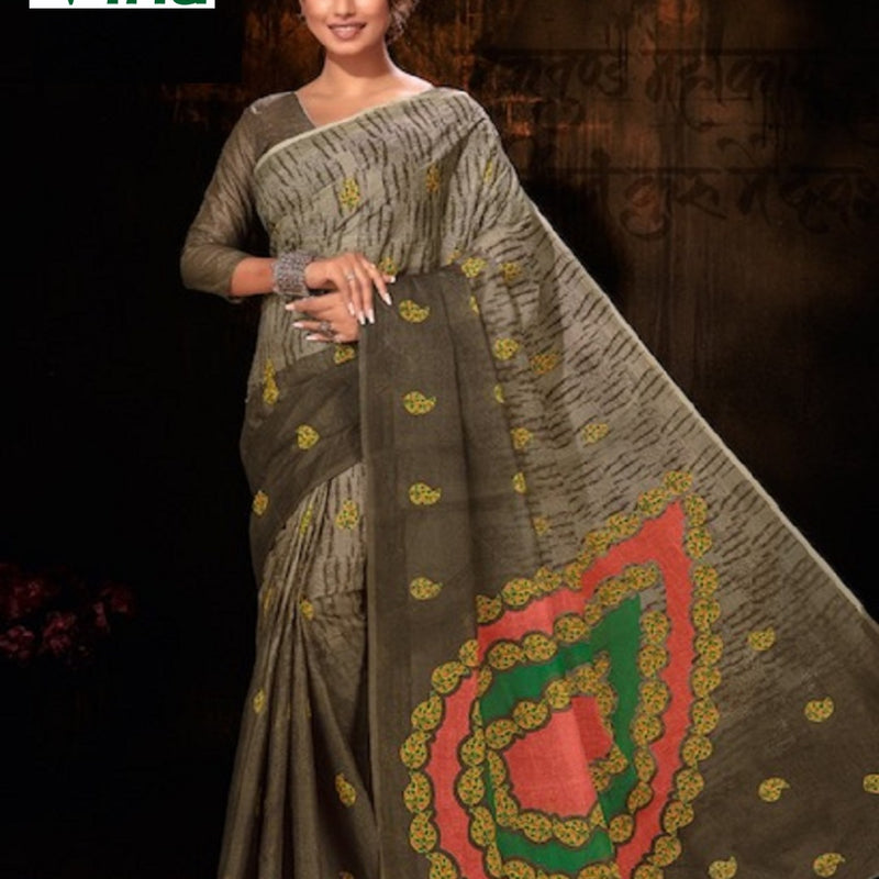 Cotton Saree Printed With Blouse, grey, small yellow motifs distributed across the fabric