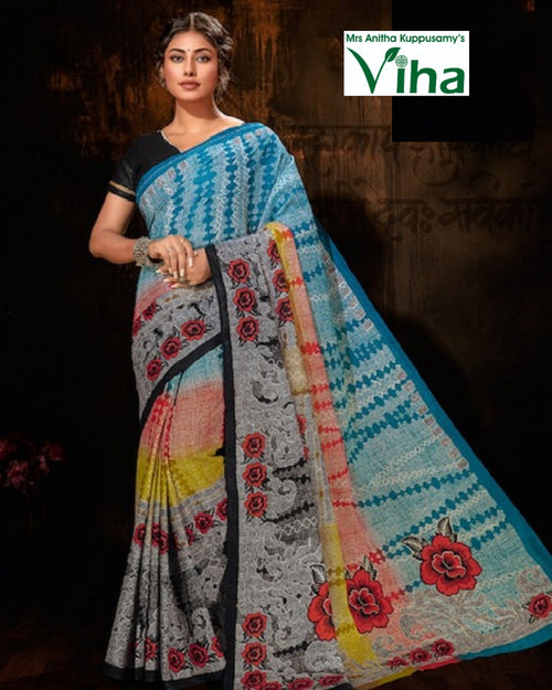 Cotton Saree Printed With Blouse, multicoloured, floral print