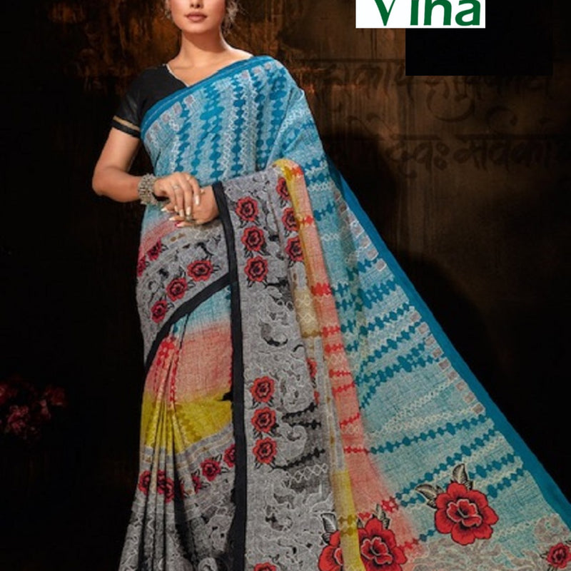Cotton Saree Printed With Blouse, multicoloured, floral print