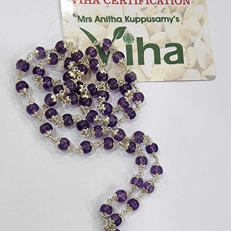 Amethyst Mala With Silver Cappings and flexible chain of beads