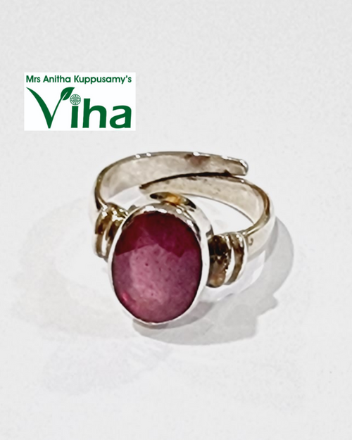 Silver Ruby Ring Adjustable, an oval ruby centrepiece on an open band