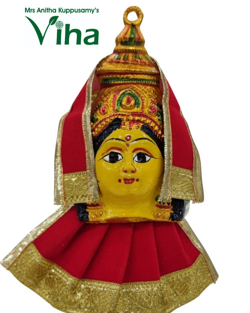 Pooja Kalasam Amman Face Set, painted Amman face with a tall gold and green crown, hanging ring above and red fabric drapery