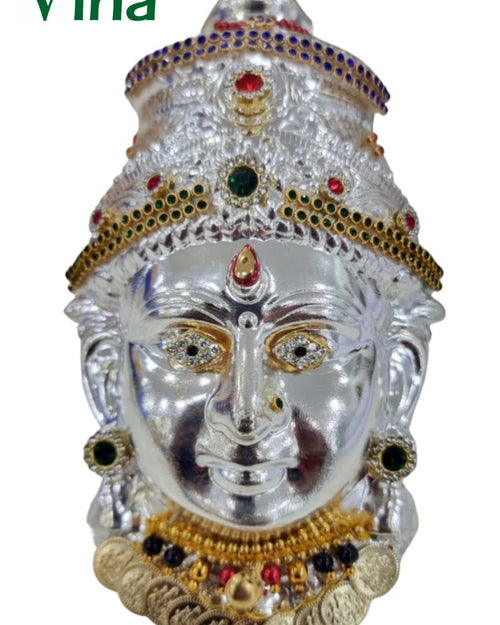 Decorated Amman Face For Kalasam, white metal face with a tall crown of colourful stones and a coin necklace